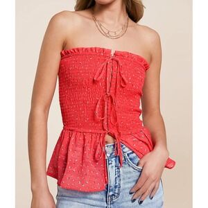 Willow Root Red Smocked Floral Peplum Tube Top Corset Lace Up Size M